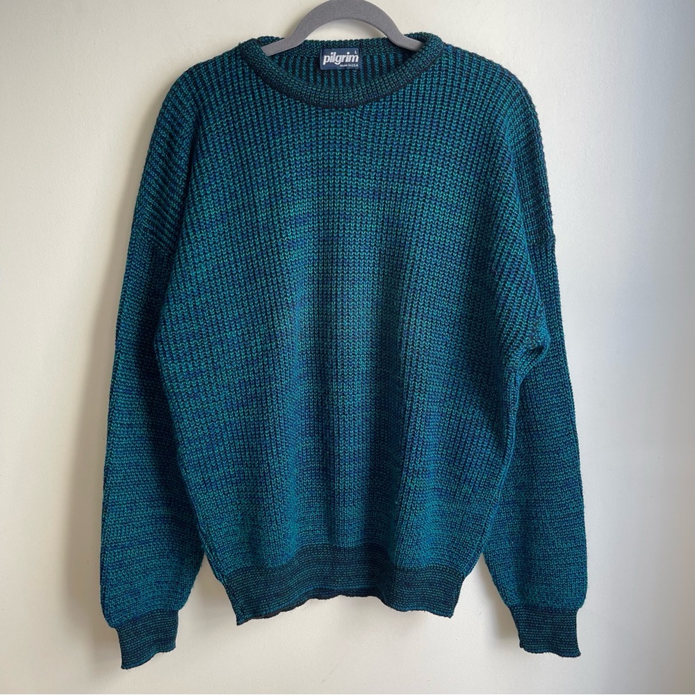 Vintage Pilgrim Men's Knit Sweater Crew Neck Blue Green Acrylic USA Made Large
